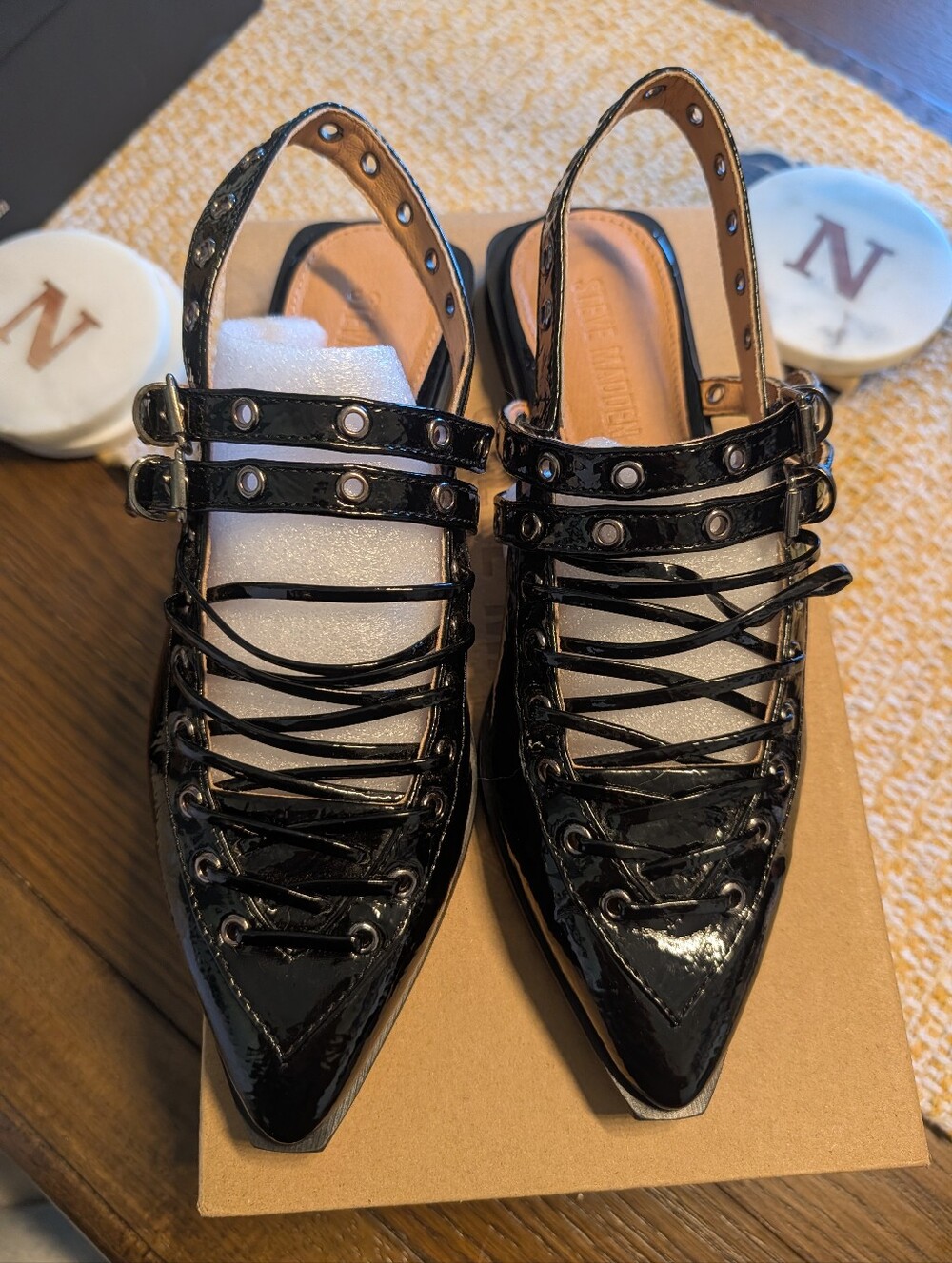 Steve Madden Black Patent Pointed Slingback Flats with Grommet Lace Details